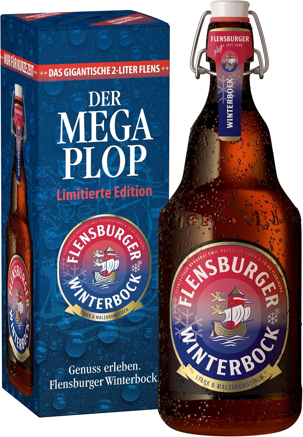 Flensburger Winterbock Mega Plop, Disposable Beer Bottle (1 x 2.0 L) Cardboard Gift Box, Beer Gift