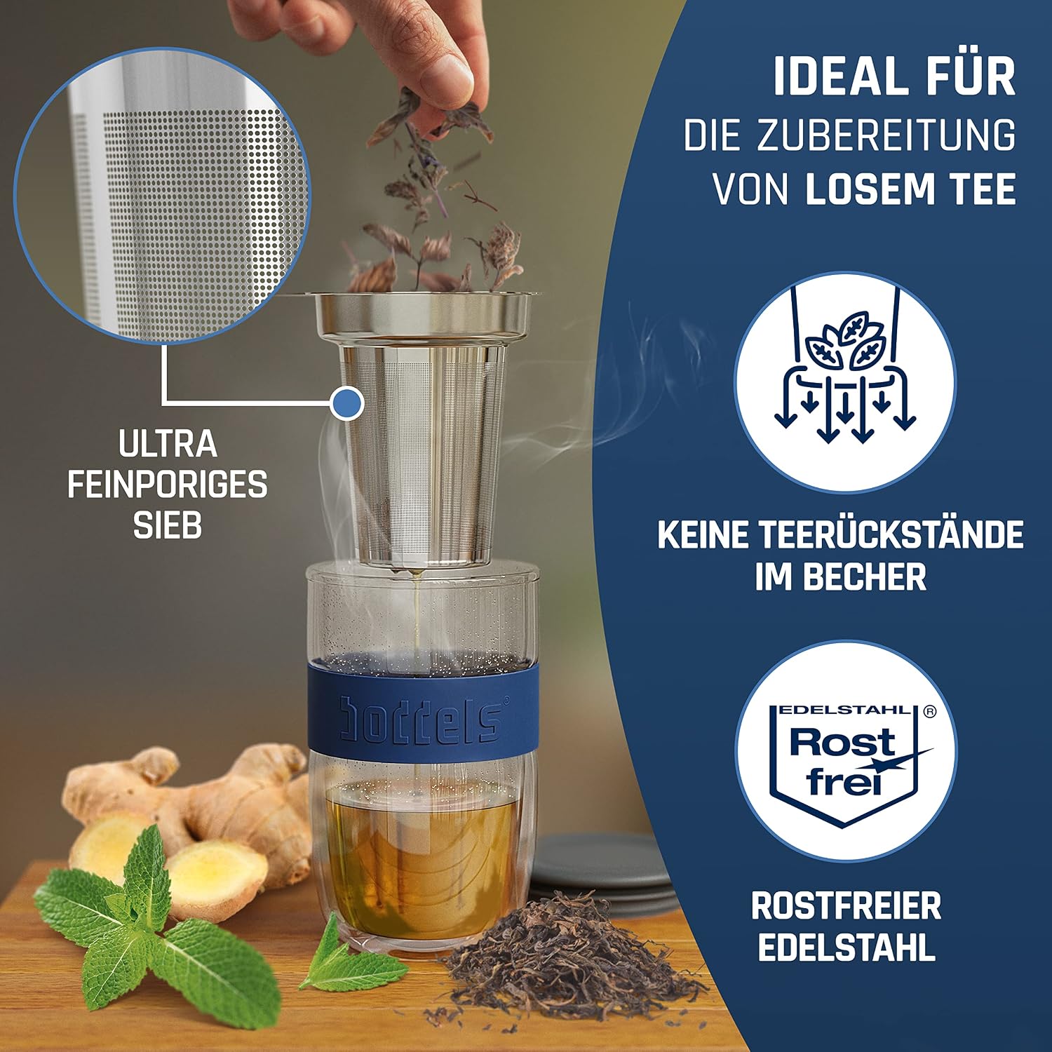 Glass Mug 380ml - Tea Mug with Strainer, Double Walled, Tea Cup, Ceramic Lid, Thermal Glass Coffee Glass (Midnight Blue) – Bild 5