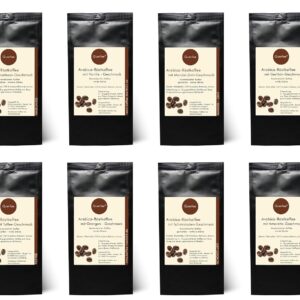 Coffee Gift Set – 8 x Coffee with Flavour as Tasting Set – Hazelnut, Vanilla, Almond Cinnamon, Egg Liqueur, Toffee, Orange, Chocolate, Amaretto – Arabica Roasted Coffee with Aroma – Ground – 8 x 75 g (600 g Total)