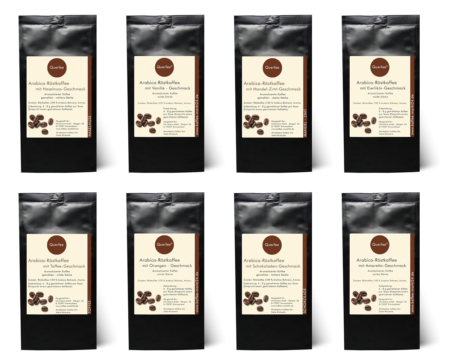 Coffee Gift Set - 8 x Coffee with Flavour as Tasting Set - Hazelnut, Vanilla, Almond Cinnamon, Egg Liqueur, Toffee, Orange, Chocolate, Amaretto - Arabica Roasted Coffee with Aroma - Ground - 8 x 75 g (600 g Total)