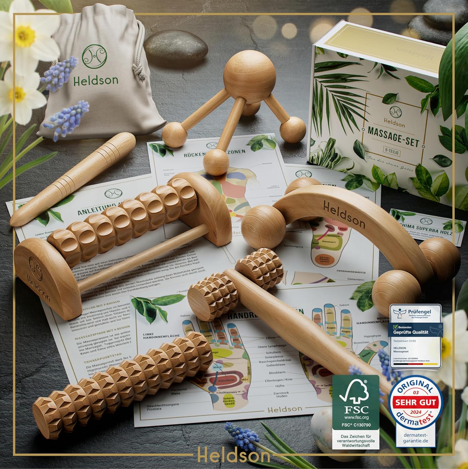 HELDSON Wooden Massage Set 6 Pieces - Massage Set for Foot, Head & Back – Bild 2