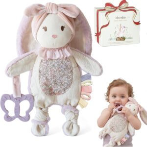 Moonkie Comforter Baby Rabbit with Silicone Teething Ring 3-in-1 Super Soft Cuddly Blanket Soothing Comfort Teething Relief Sensory Game Baby Gifts Girls from 0+ Months