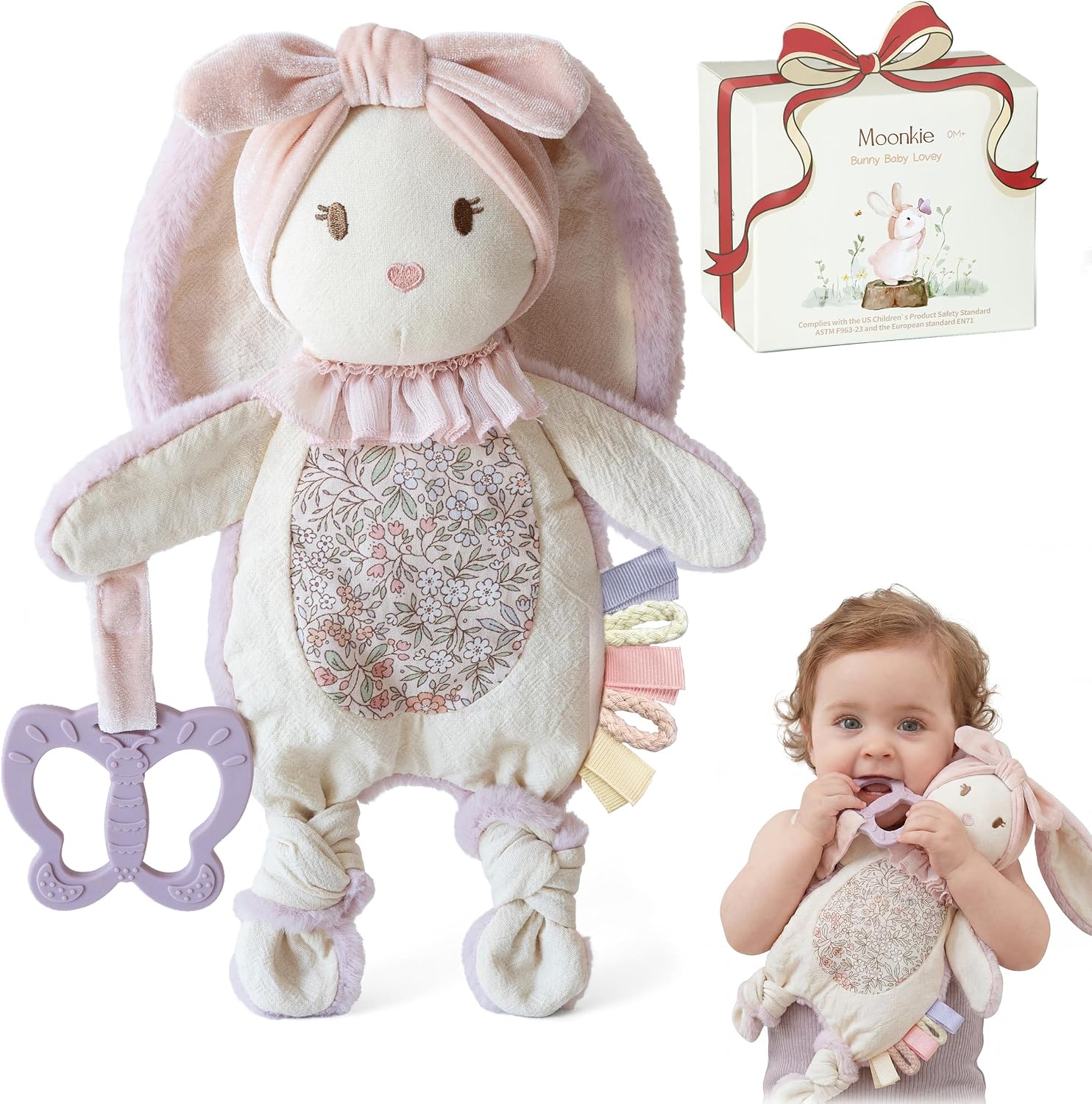 Moonkie Comforter Baby Rabbit with Silicone Teething Ring 3-in-1 Super Soft Cuddly Blanket Soothing Comfort Teething Relief Sensory Game Baby Gifts Girls from 0+ Months