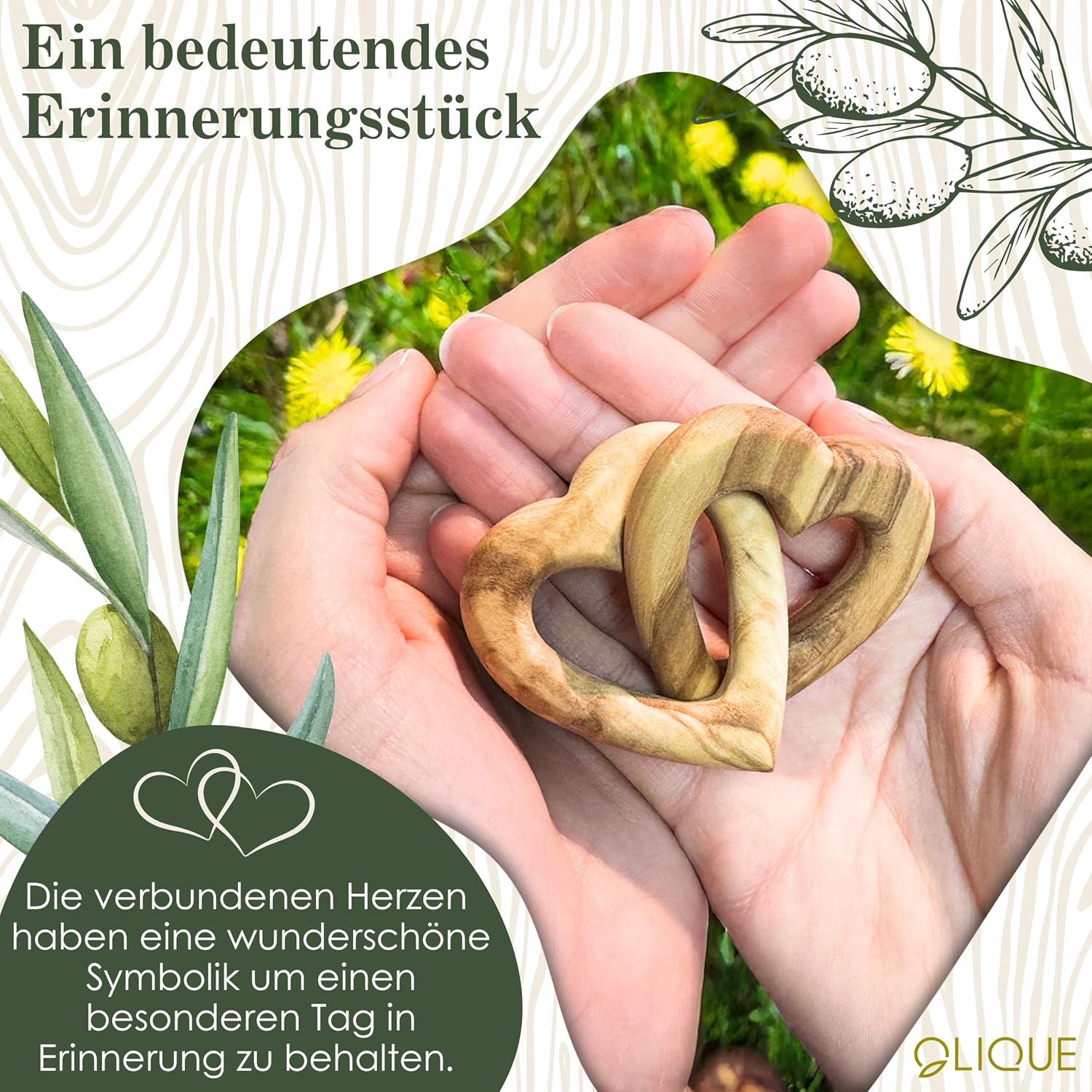 Wooden Hearts, Olive Wood - Connected Wooden Hearts as an Individual Gift for Wedding, Anniversary or Engagement (5 cm) – Bild 3