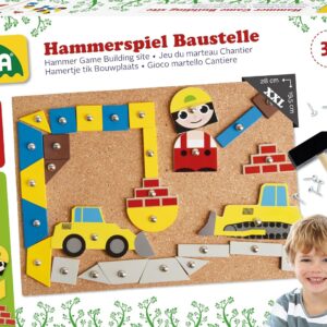 Lena 65828 Hammering Game, Building Site Game, Nail Game with 64 Pieces in 7 Shapes and 8 Building Site Parts, Cork Base Plate, Approx. 28 x 19.5 cm, hammer and nails, hammering game for children over 3 years
