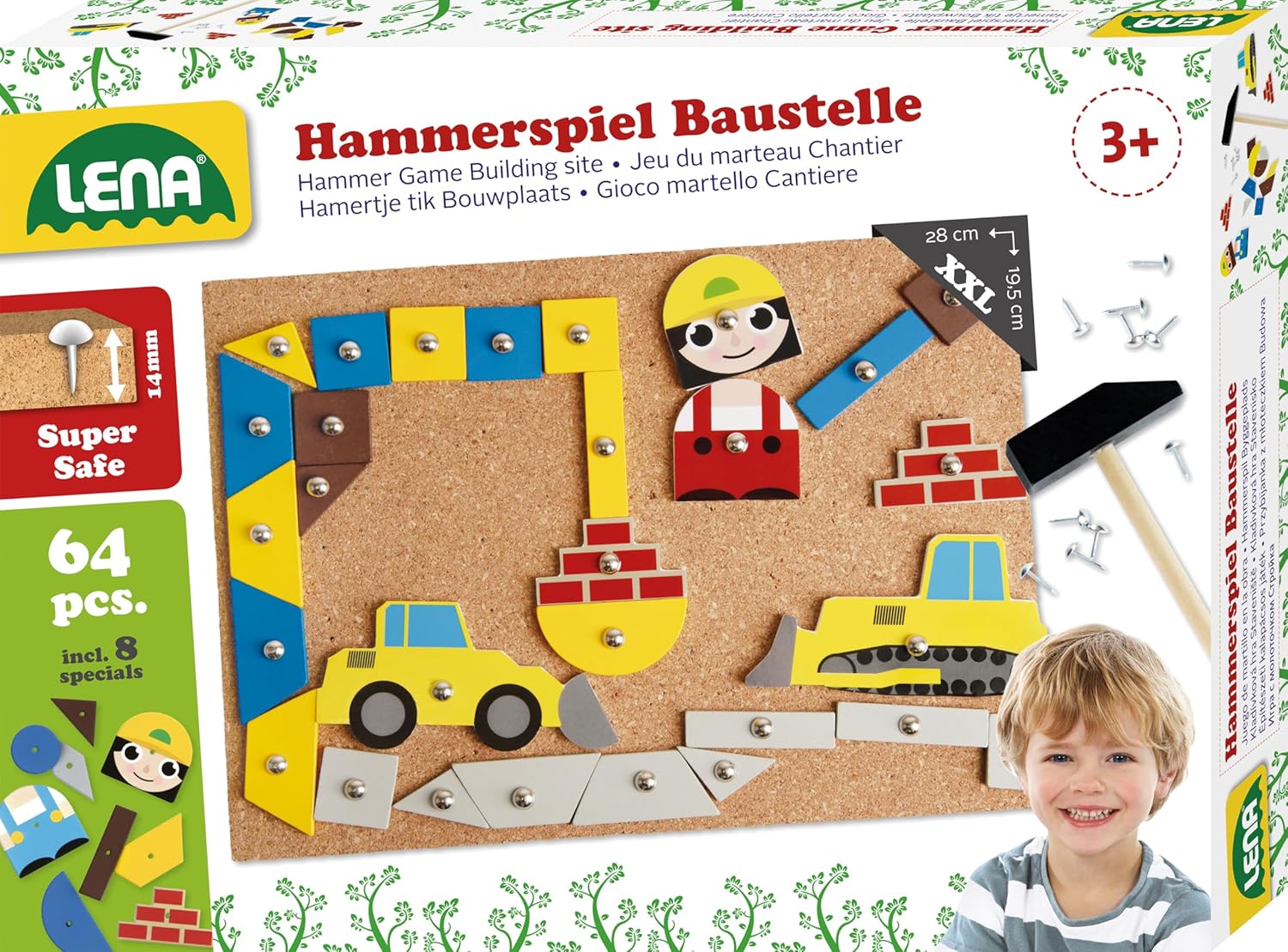 Lena 65828 Hammering Game, Building Site Game, Nail Game with 64 Pieces in 7 Shapes and 8 Building Site Parts, Cork Base Plate, Approx. 28 x 19.5 cm, hammer and nails, hammering game for children over 3 years