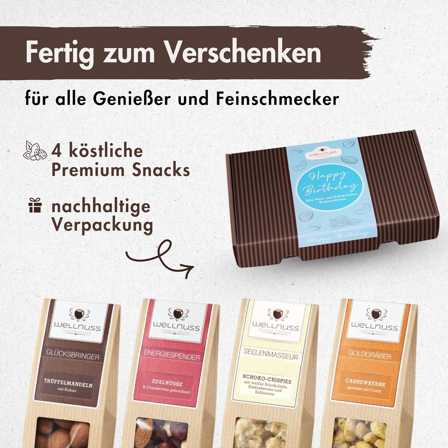 wellnuss Happy Birthday 4 Snack Sensations in Gift Box - Premium Selection - The Birthday Gift for Gourmets and Connoisseurs – Bild 2