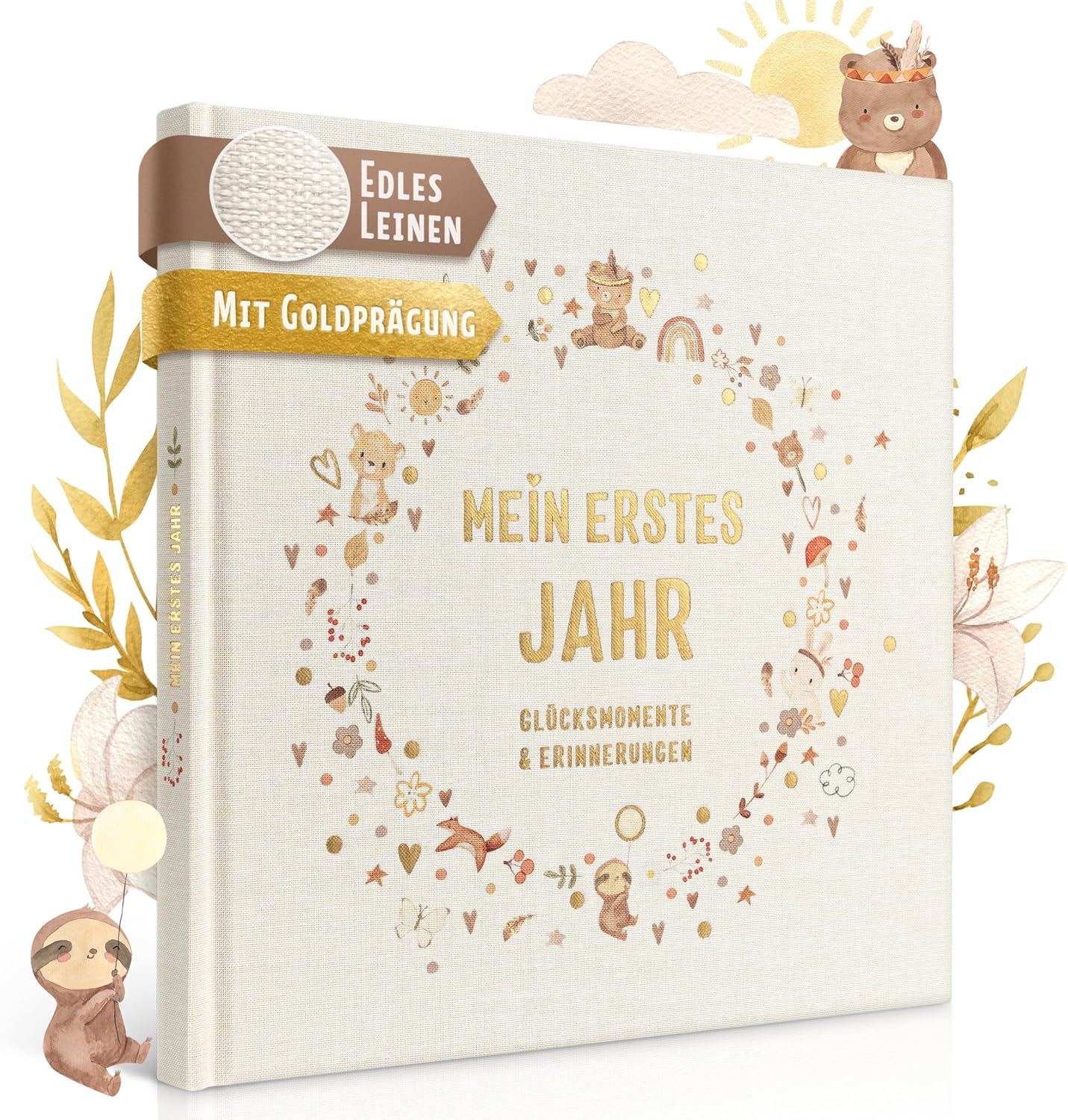 EULENTALER Baby Album Boho My 1st Year [with Linen Cover and Gold Embossing