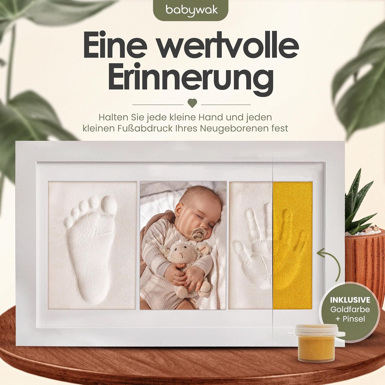 Baby Handabdruck und Fußabdruck Set mit Bilderrahmen – 3-in-1 Abdruckset aus Ton mit 2 Tonpäckchen, Buchstaben, Zahlen und Goldfarbe – Personalisiertes Geschenk zur Geburt – Bild 2
