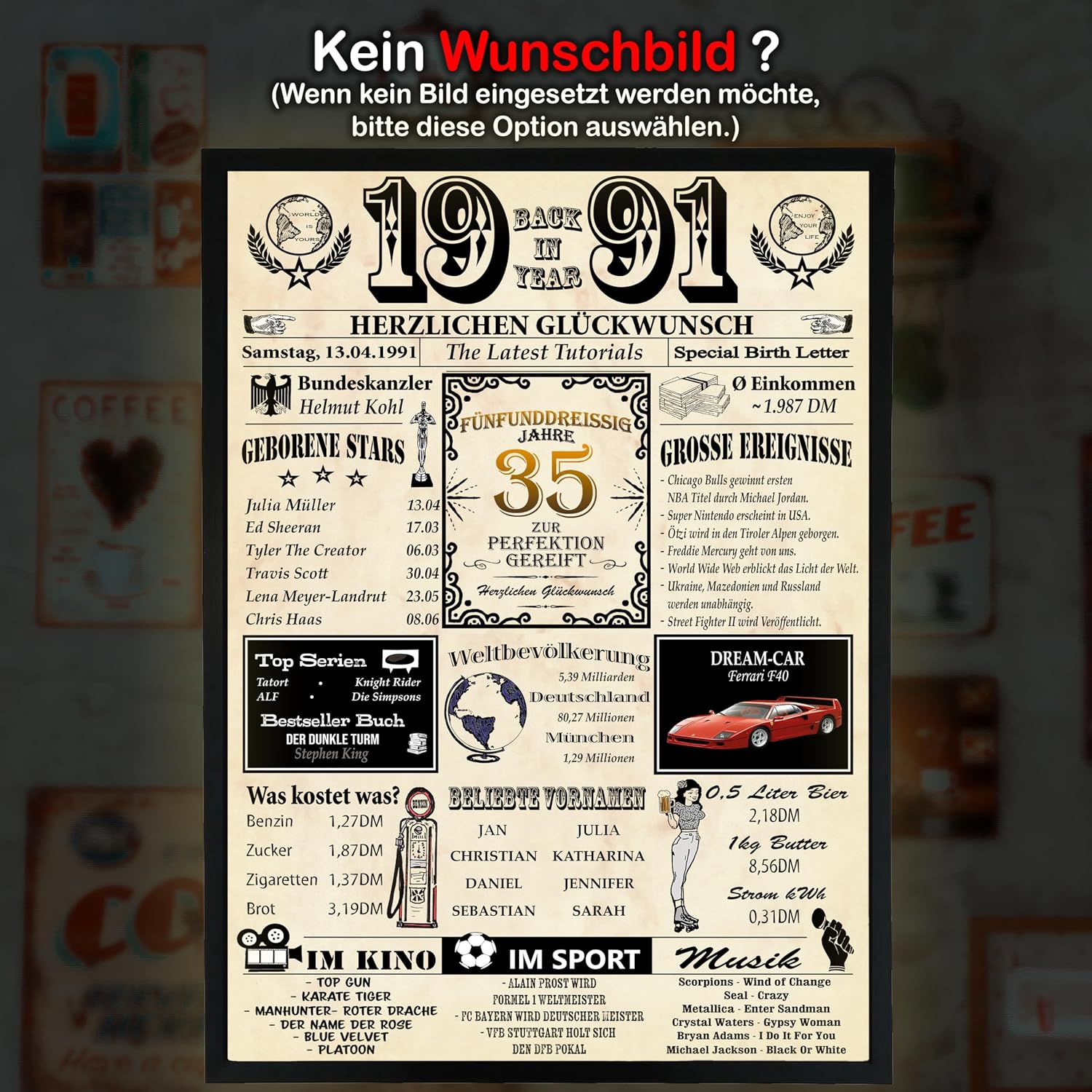 DUOMIO 35th Birthday | 1991 - 6 Fields Personalised Back in Year 1991 - Year Chronicle - 35th Birthday Gift for Women & Men - Print on 400gsm Premium Paper – Bild 4
