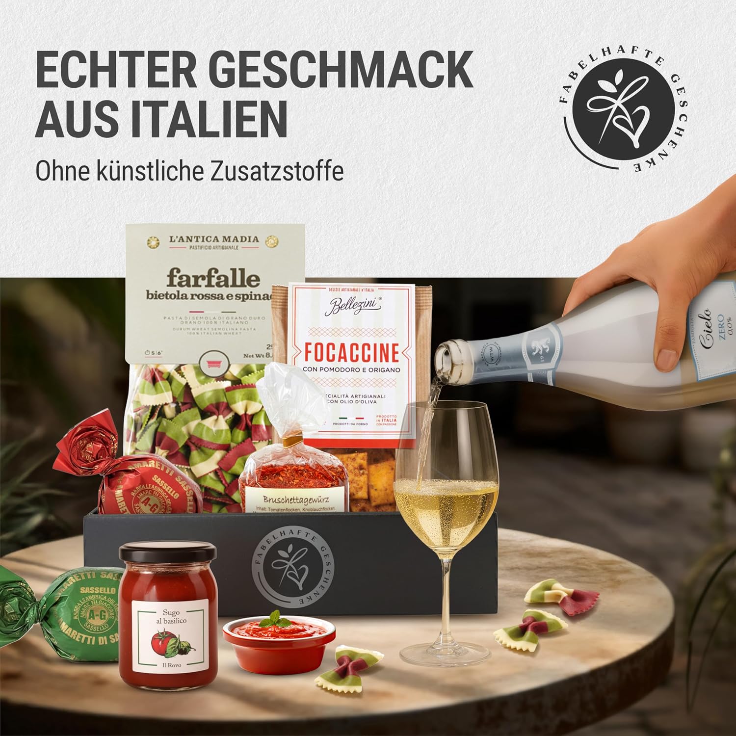Italia Gift Basket with SPUMANTE ZERO Alcohol-free and Italian Delicatessen Gift Basket without Alcohol for Men and Women for Birthday, Christmas, Wedding ("Herzlichen Glückwunsch" Banderole) – Bild 2