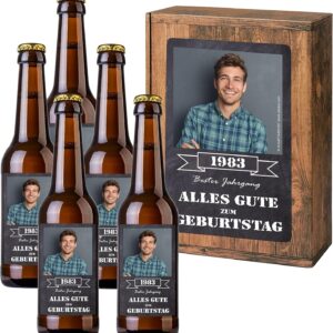 Personalised Beer with Desired Text and Photo | 5 x 0.33 l Spelt Beer as Gift Set | Personal Gift Box for Birthday or Father’s Day / Men’s Day (Gift Box with 5 Fl., Slate Look)