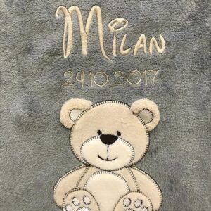 Kiddi-Media Baby Blanket with Name and Date of Birth, Embroidered, Cuddly Soft, Customisable, Anthracite, Bear