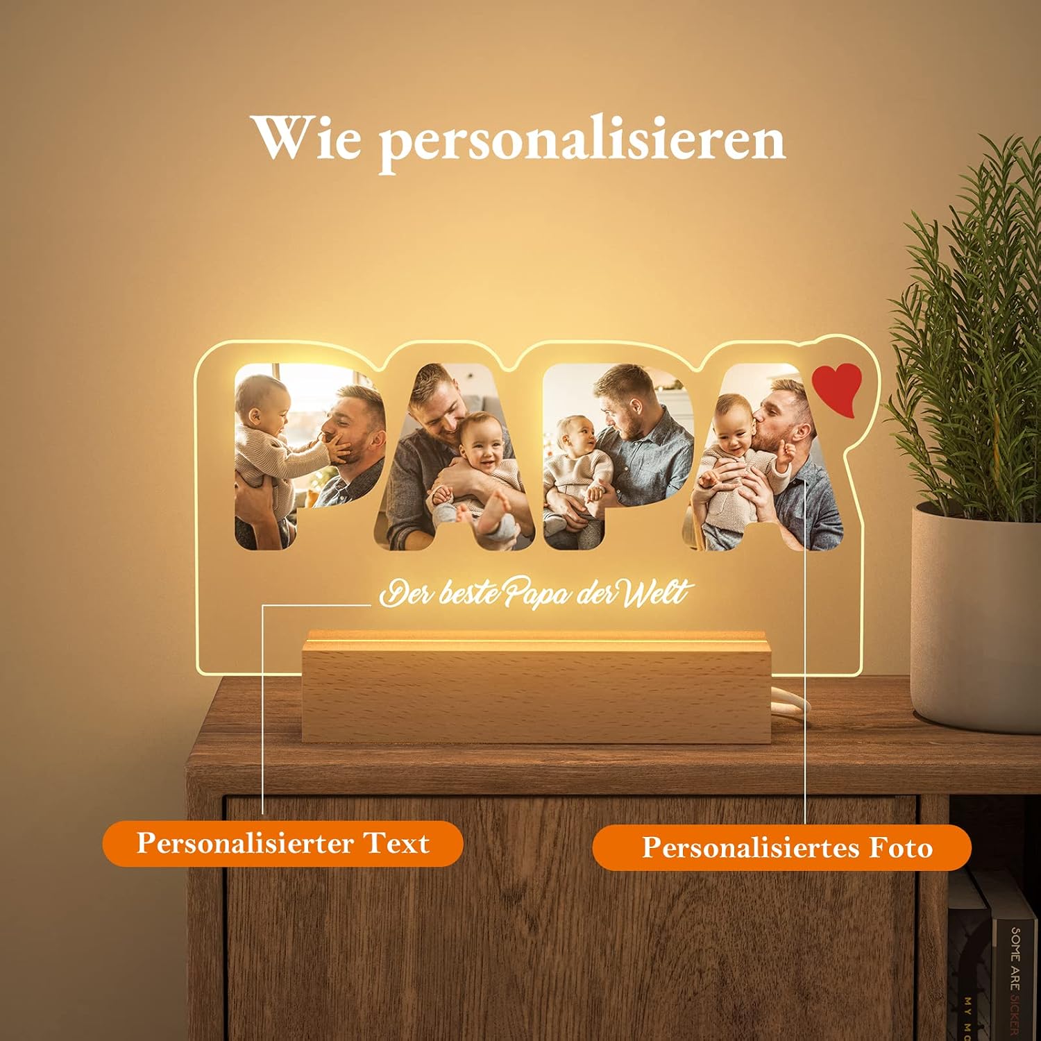 iDIY Personalised Gifts Dad Lamp - Gift Ideas for Father's Day, LED USB Night Light with Photo, Gifts for Dad Daughter Son, Glass Photo Album, Various Sockets to Choose From – Bild 2