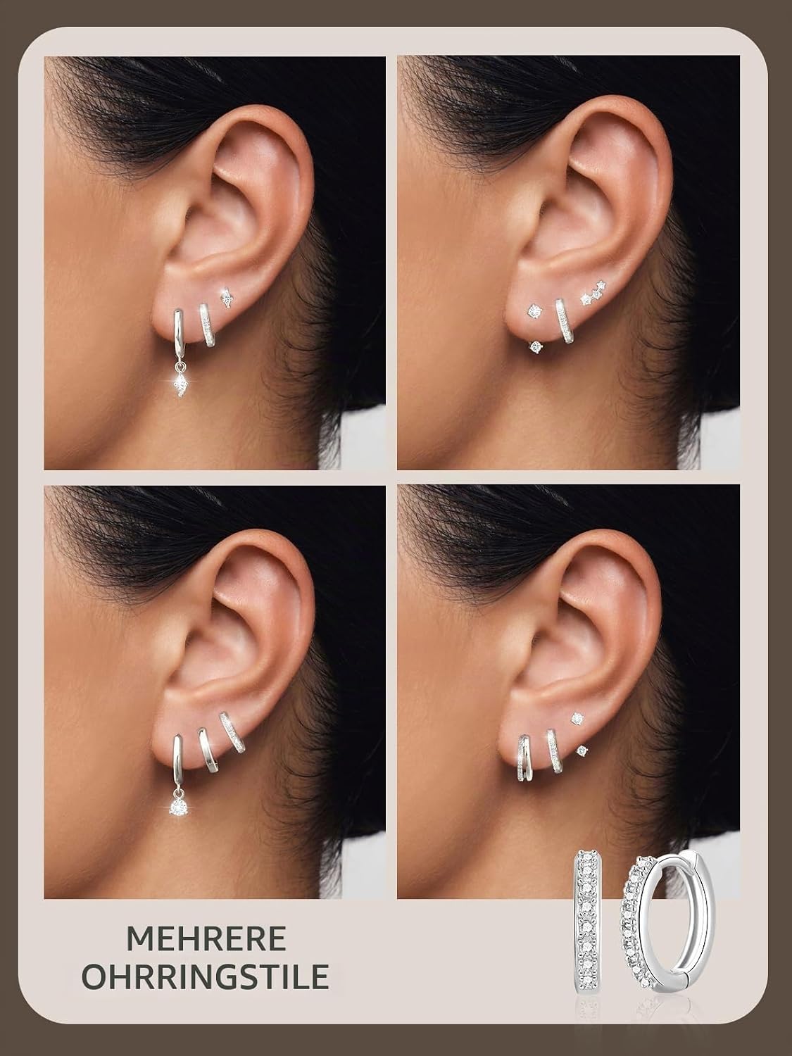 3 Pairs of Earrings Silver 925 Set for Women Hoop Earrings Hypoallergenic Earrings Small Zirconia Stud Earrings Silver Jewellery for Multiple Piercings – Bild 6