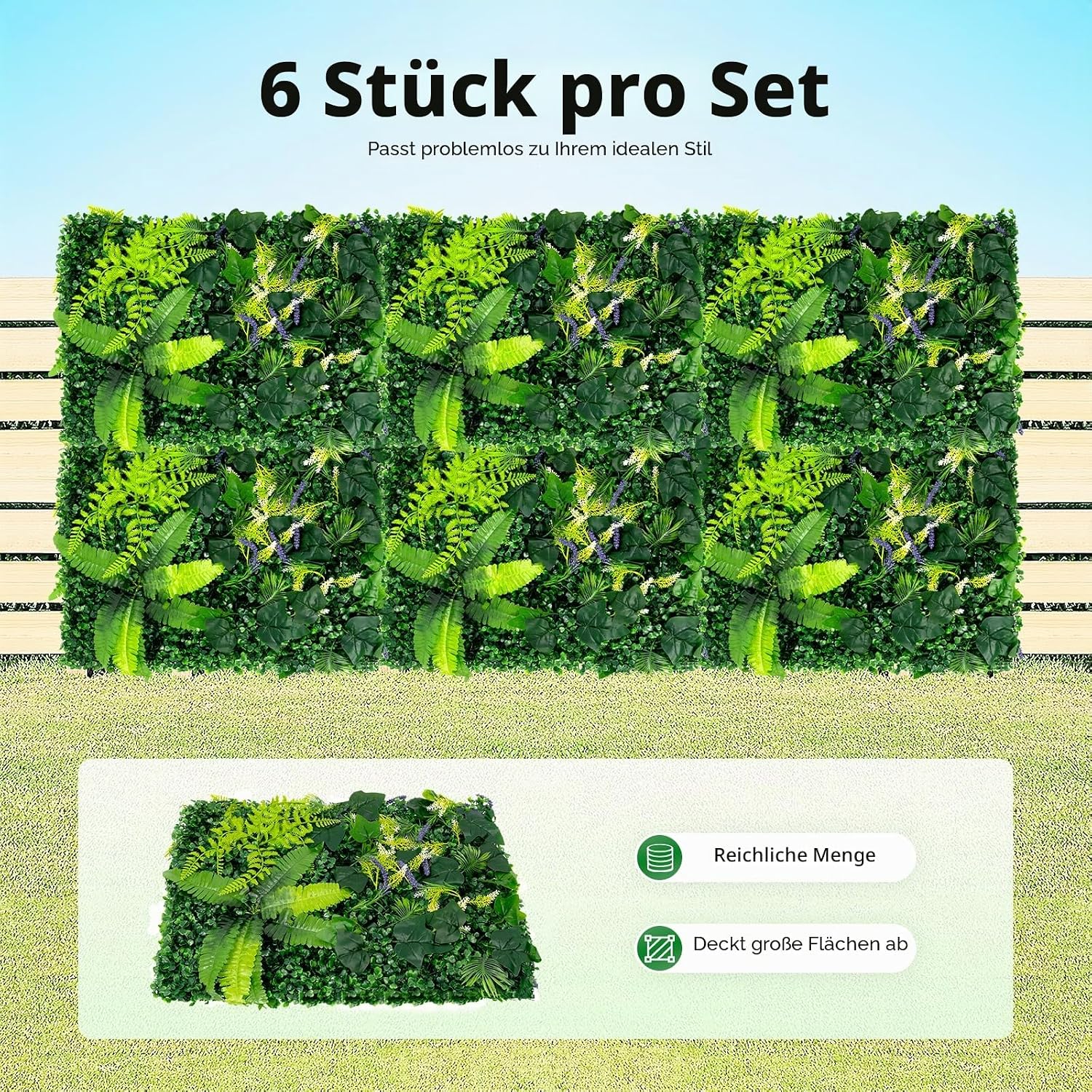 Pack of 6 Artificial Plant Wall, 60 x 40 cm, Artificial Grass Backdrop Wall, with Flowers, 3D Grass Wall Panels, Wall Grass Wall Decoration, for Garden, Balcony, Weddings, Restaurant Decoration – Bild 2