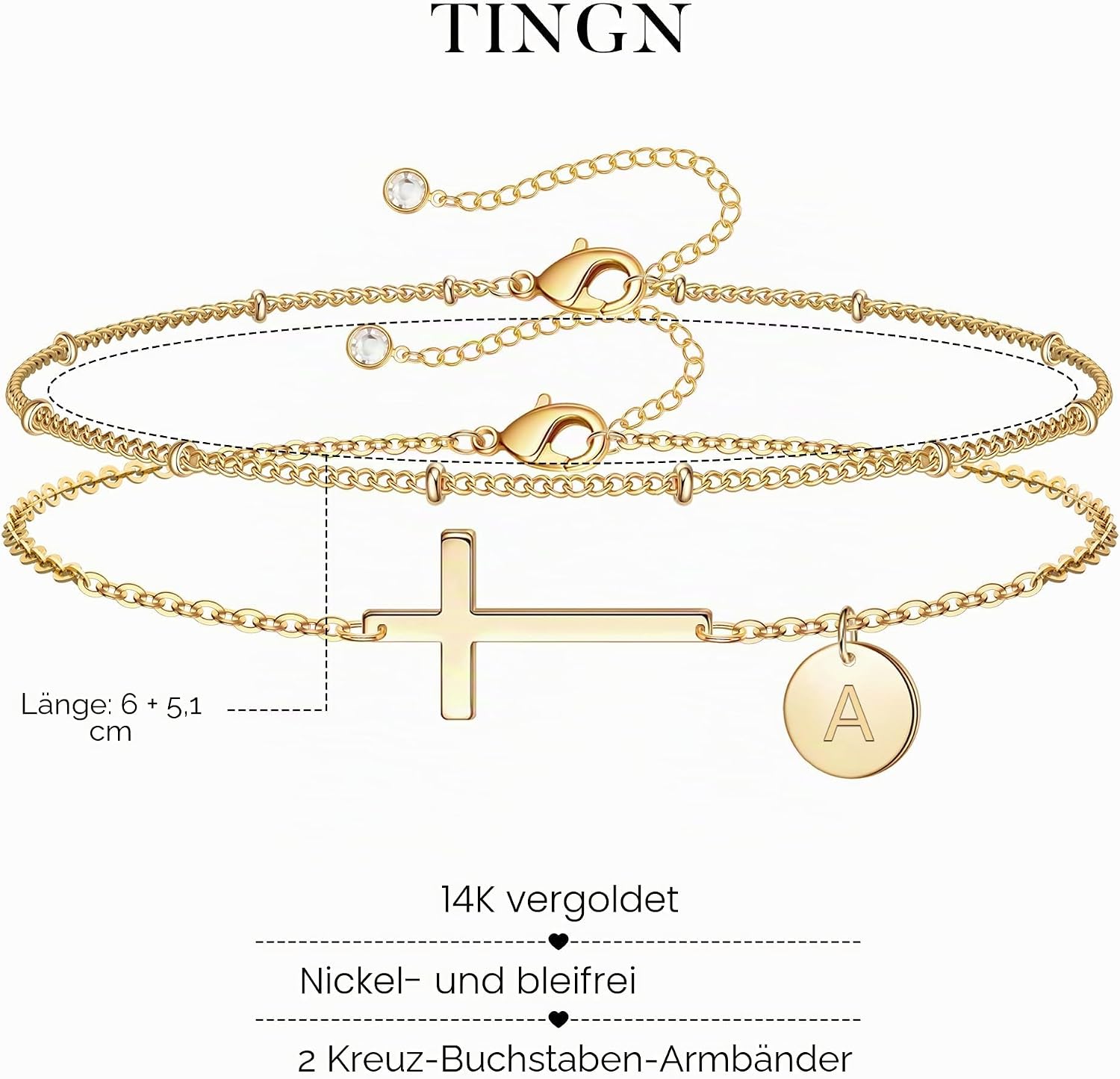 TINGN Women's Gold Bracelet with Cross - 14K Gold Plated Layered Personalised Bracelet with Letters Monogram Discs Bracelet Women's Gold Jewellery Christening Gifts for Women Teenager Girls – Bild 5