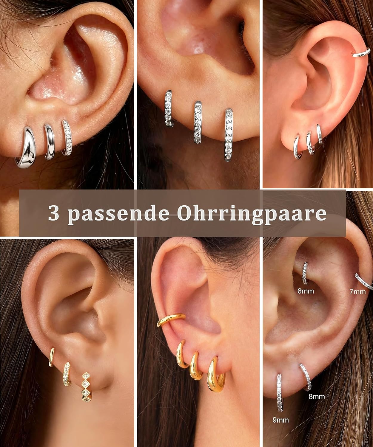 AVOTTO 3 Pairs of Earrings Silver 925 Set for Women Hypoallergenic 14K Gold Earring Stacks Silver Earrings Huggie Hoops Earrings for Multiple Piercings – Bild 3