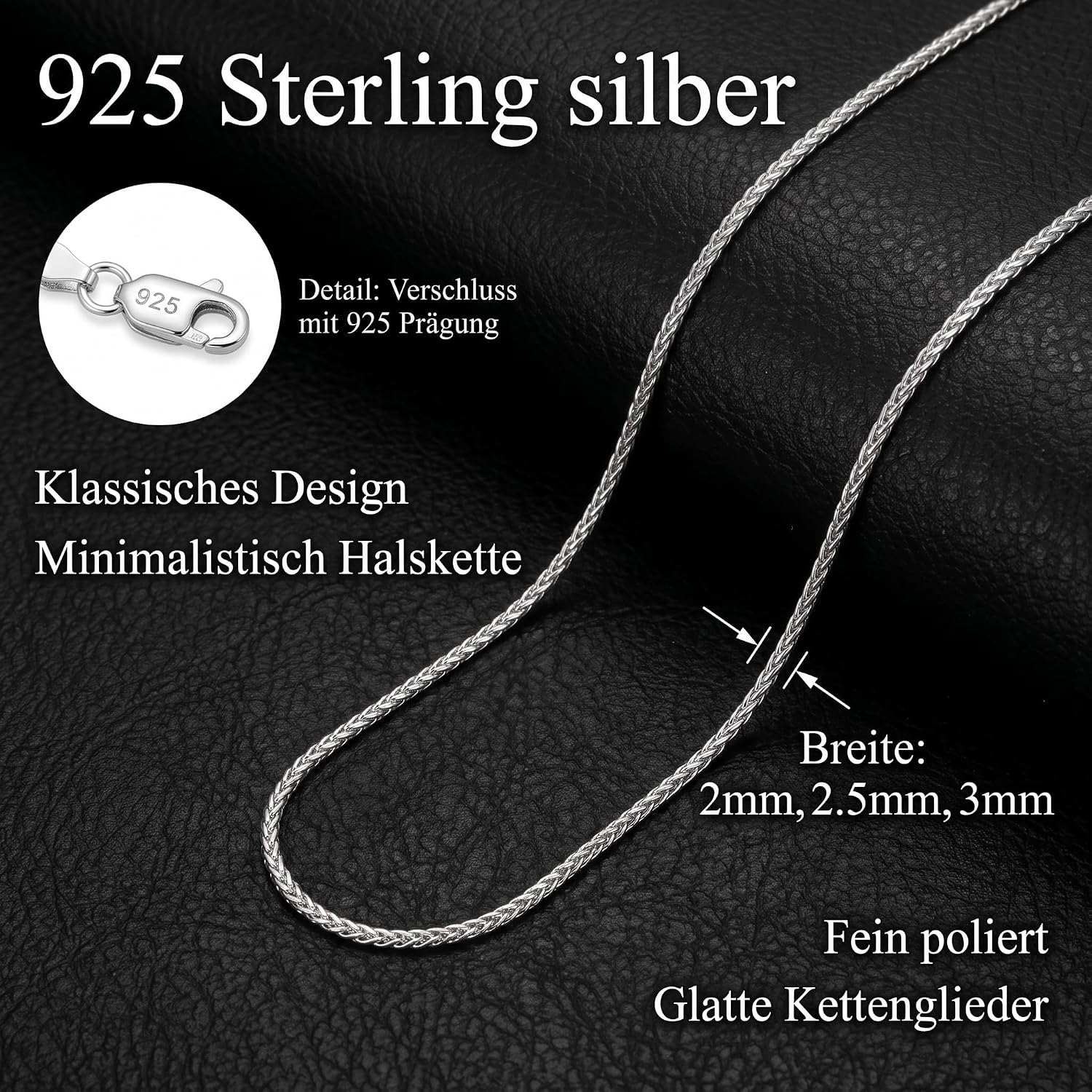 925 Silver Over Chain Men's 2/2.5/3 mm Wide Wheat Chain Necklace – Bild 5
