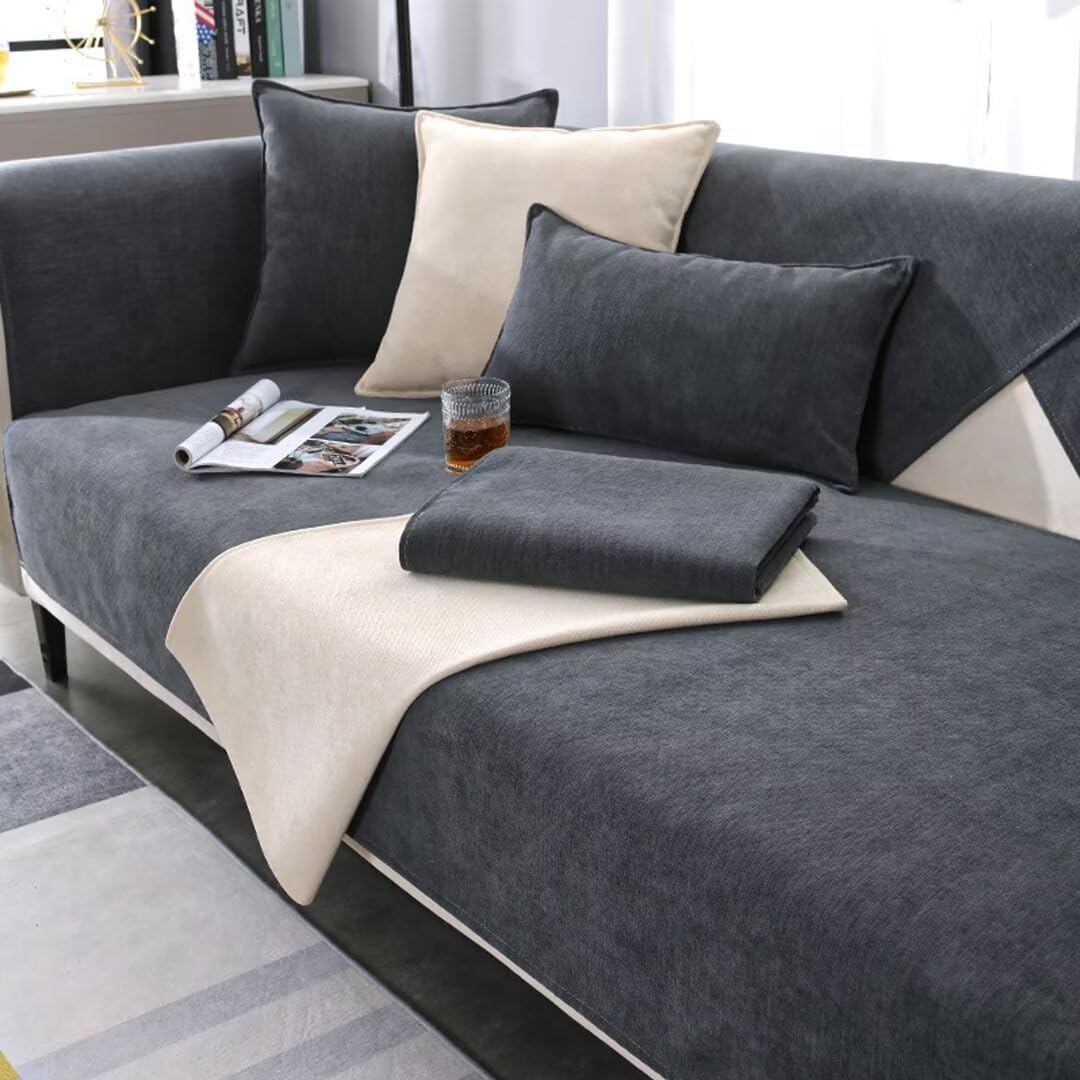 Sofa Cover, Chenille Sofa Cover, Sofa Throw, Sofa Blanket, Non-Slip Sofa Throw Blanket, Sofa Protection, Cat Dog, Sofa Protective Blanket, Sofa Covers for Seat, Dark Grey, 90 x 160 cm