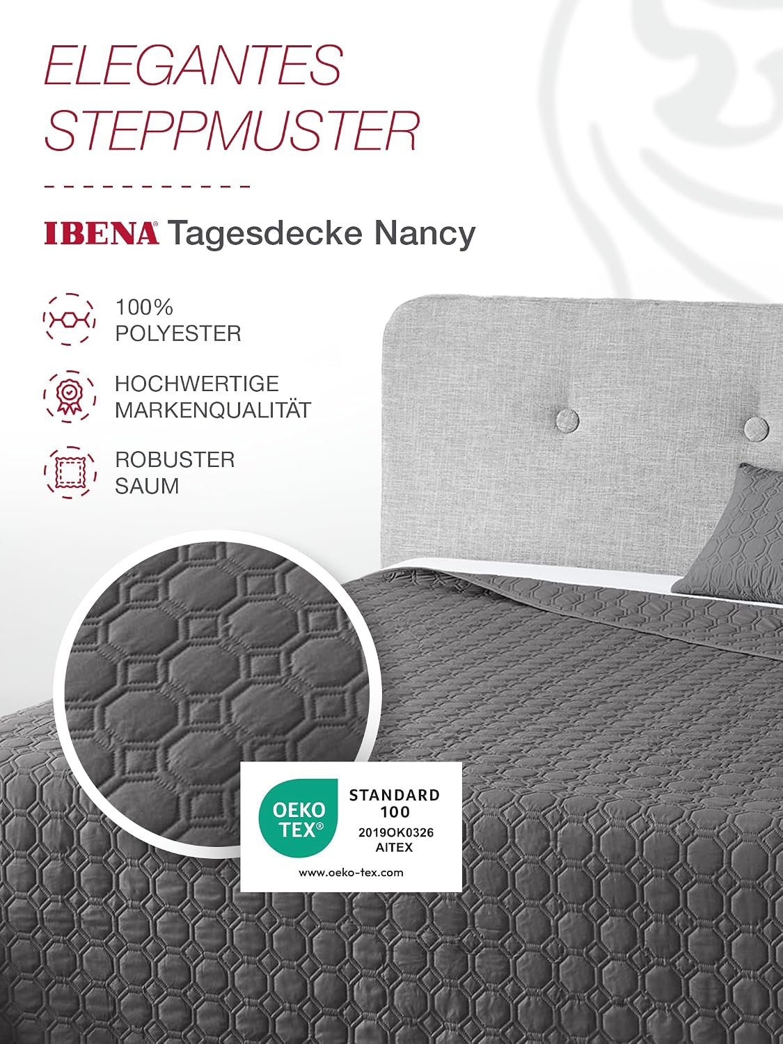 Ibena Nancy Tagesdecke 280 x 250 cm – Wohndecke Anthrazit – leichte Bettüberwurf mit Steppmuster – Bild 2