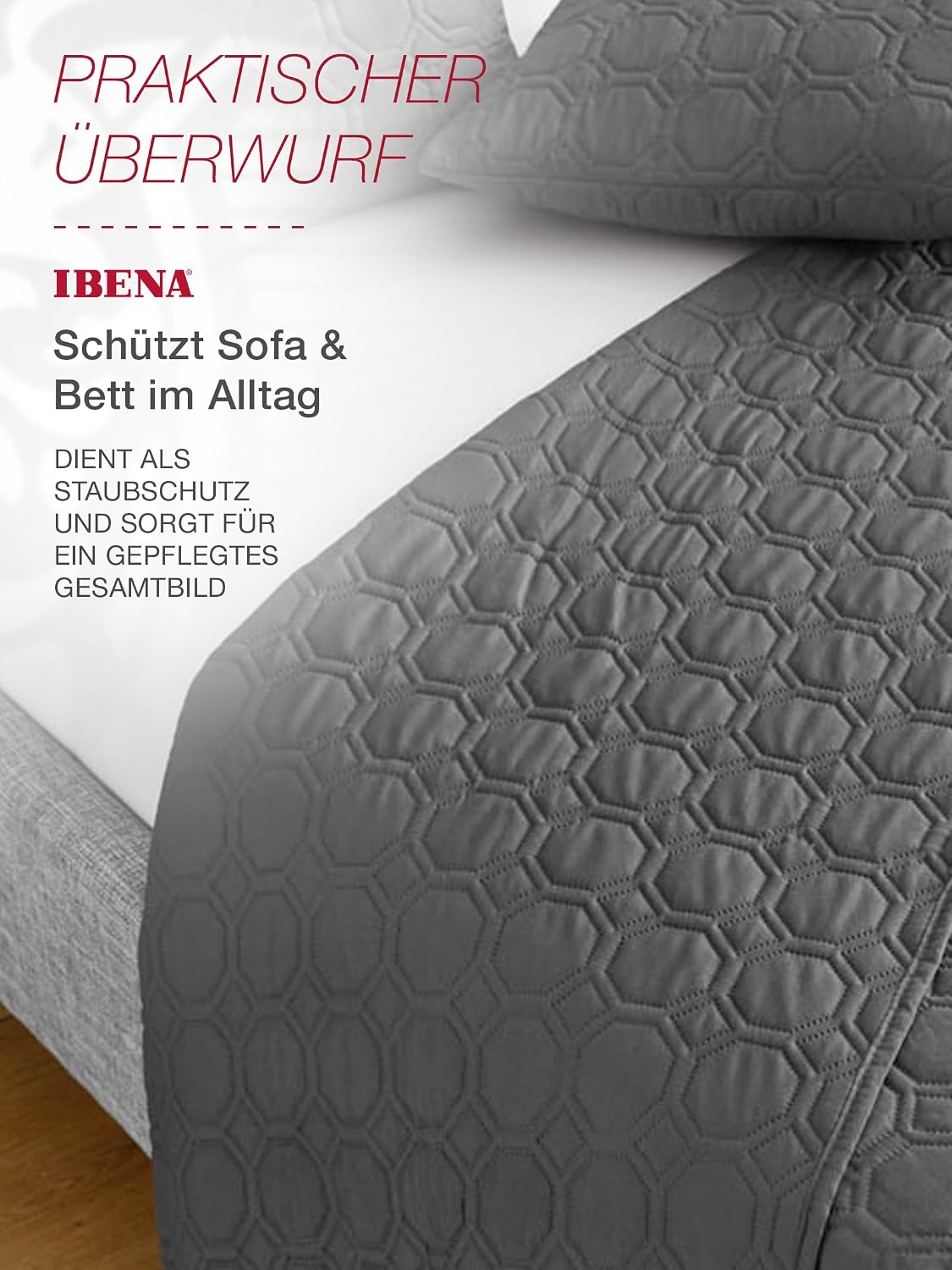 Ibena Nancy Tagesdecke 280 x 250 cm – Wohndecke Anthrazit – leichte Bettüberwurf mit Steppmuster – Bild 3