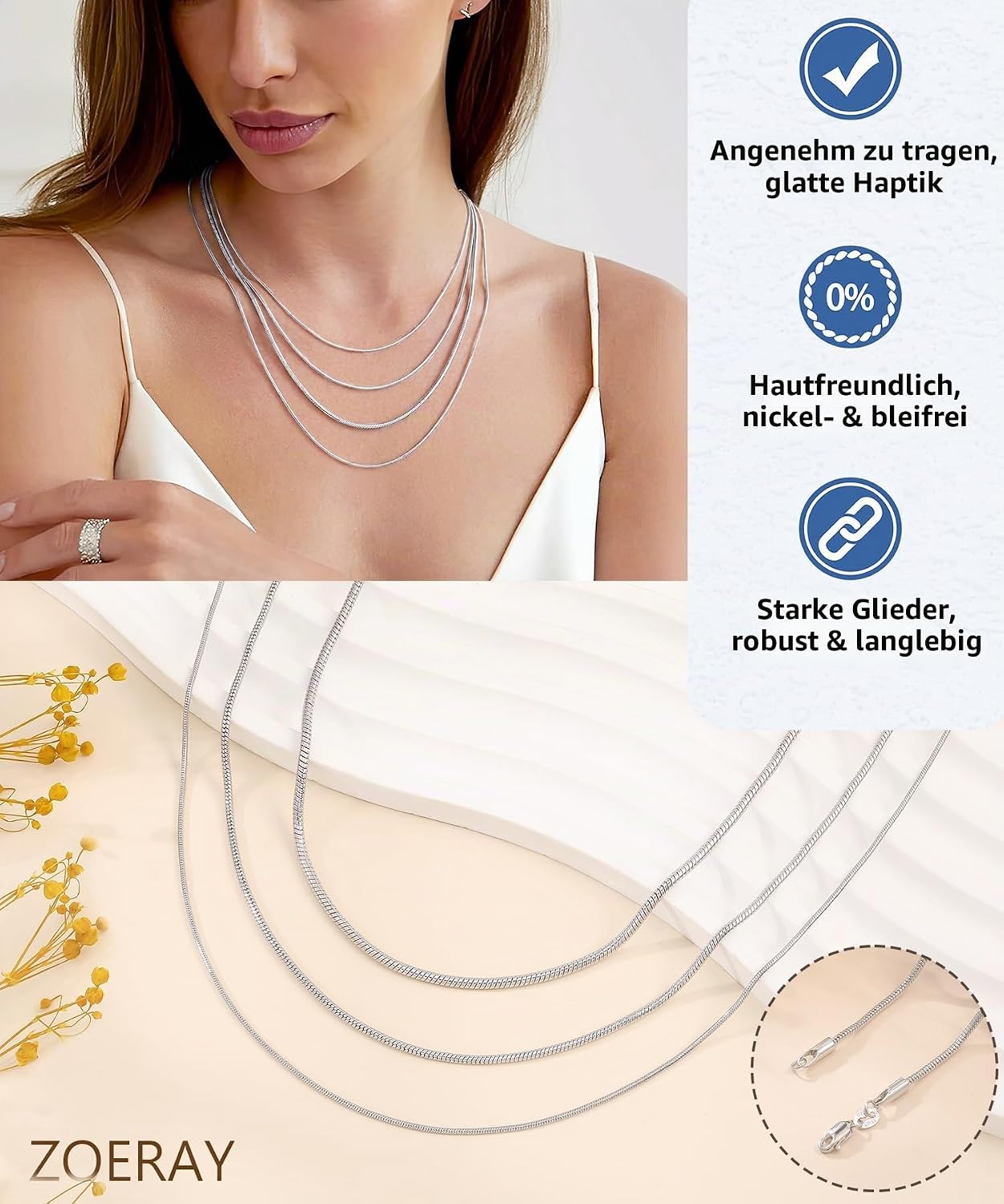 ZOERAY Women's 925 Silver Necklace without Pendant Silver Snake Chain – Bild 6