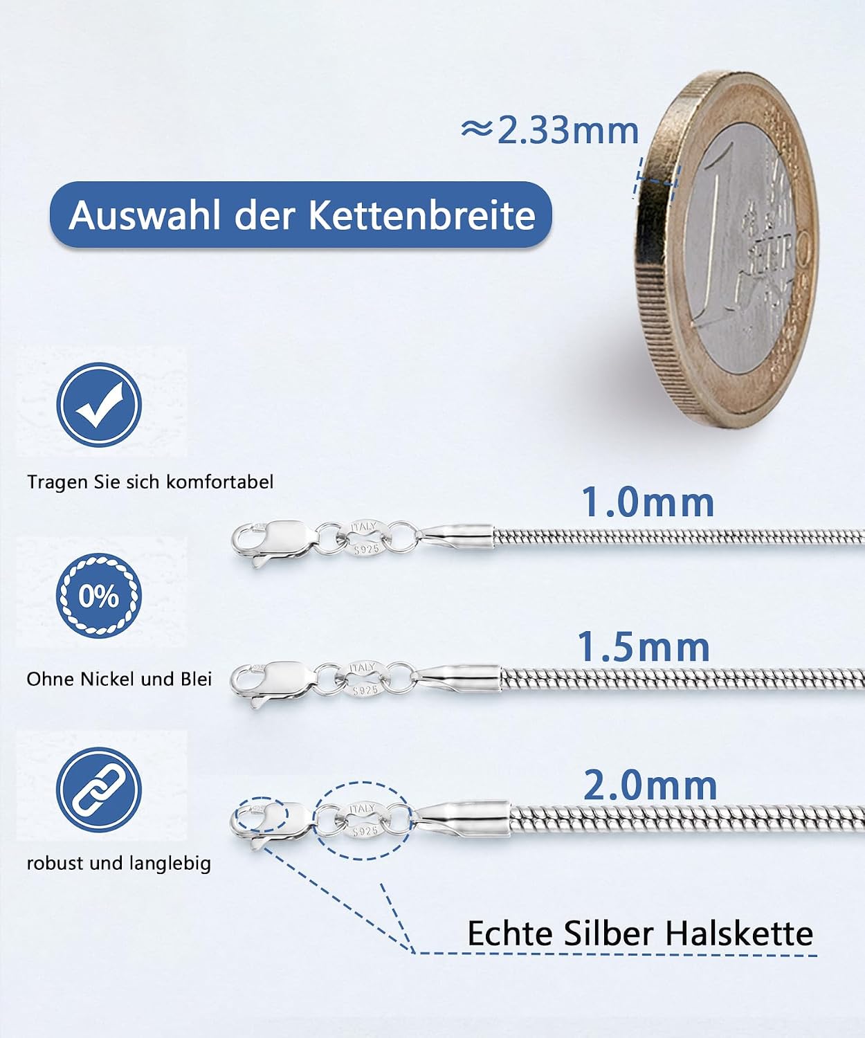 ZOERAY Women's 925 Silver Necklace without Pendant Silver Snake Chain – Bild 7