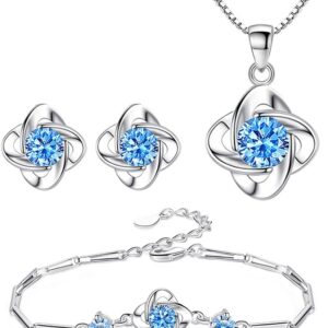 Jewellery Set Women’s Silver, 925 Sterling Silver Clover Necklace Stud Earrings Bracelet Set with Cubic Zirconia Clover Jewellery Sets Gift for Girls Women
