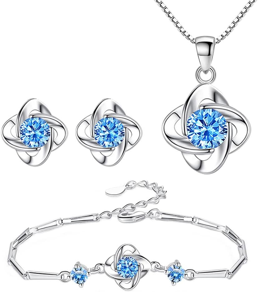 Jewellery Set Women's Silver, 925 Sterling Silver Clover Necklace Stud Earrings Bracelet Set with Cubic Zirconia Clover Jewellery Sets Gift for Girls Women
