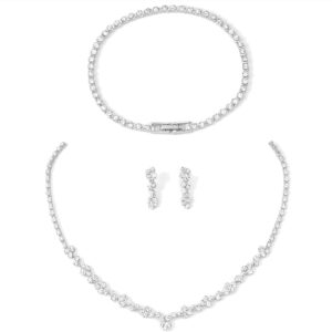 Bridal Jewellery Set 925 Silver with Rhinestones, 3-Piece Jewellery Set Women (Necklace, Bracelet, Stud Earrings), Wedding Accessory for Bridesmaid, Silver Wedding Gift