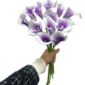 Artificial Calla Lily 12 Pieces 13 Inch Single Heads PU Flower Small Bouquet Accessories Bridal Bouquet for Green Plants Indoor Outdoor Home Office Decoration (Purple in White)
