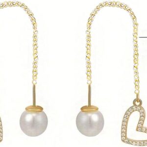 Festive Pearl Heart Threader Earrings for Women Dainty Romantic Jewelry for Celebration