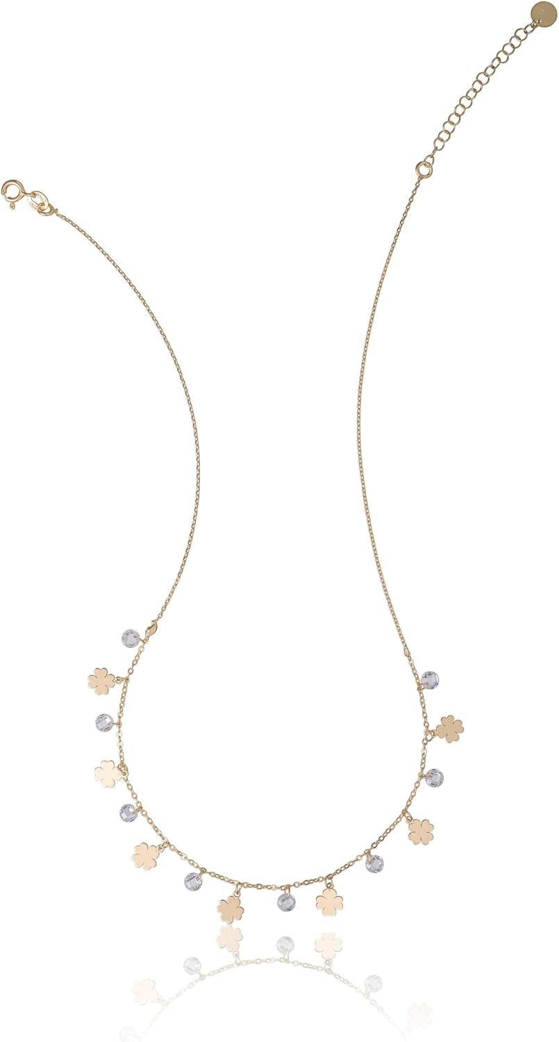 Silver Necklace Fantasy Clover Leaf Yellow Gold Zircon White