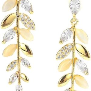 Earrings Women's Gold, Leaf Earrings, Hanging Drop Earrings, Long Drop Earrings with AAA Zirconia, Earring Ear Boutons, Gold Jewellery, Hypoallergenic Ear Cup Jewellery for Girls (Gold)