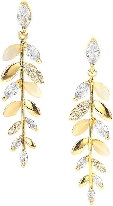 Earrings Women's Gold, Leaf Earrings, Hanging Drop Earrings, Long Drop Earrings with AAA Zirconia, Earring Ear Boutons, Gold Jewellery, Hypoallergenic Ear Cup Jewellery for Girls (Gold)
