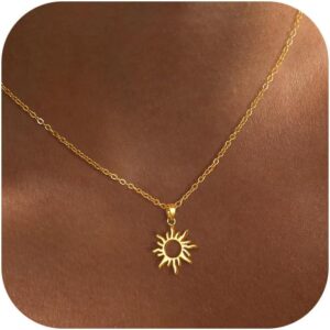 Tewiky Women's Sun Necklace, 14K Gold-Plated Layering Sun Pendant Necklace