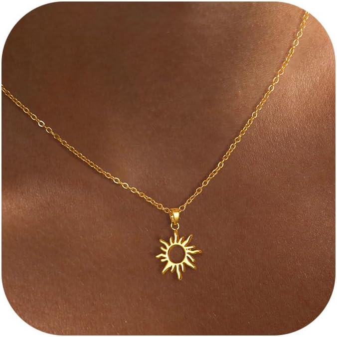 Tewiky Women's Sun Necklace, 14K Gold-Plated Layering Sun Pendant Necklace
