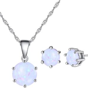 AILUOR Opal-Schmuck-Set, Sterlingsilber, künstlicher Edelstein, runder Heiligenschein, Solitär-Anhänger, Halskette und Ohrstecker-Set