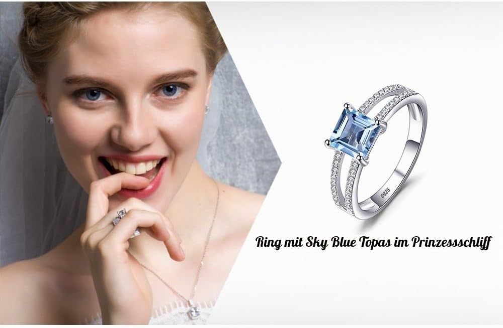 JewelryPalace Princess Cut 1.2ct Real Blue Topaz Ring Women's Ring with Stone Blue Topaz Yellow Gold Jewellery Set, Engagement Ring Silver Rings 925 Rose Gold Women, Wedding Anniversary Jewellery – Bild 6