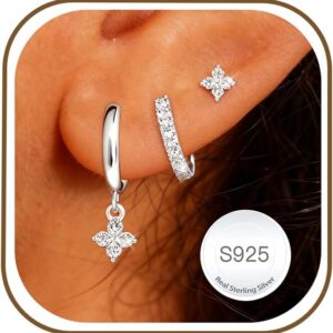 AVOTTO Earrings Stud Earrings 925 Silver Set for Women Hypoallergenic 14K Gold Earring Stacks Silver Stud Earrings Huggie Hoops Earrings for Multiple Piercings 3 Pairs