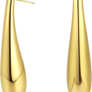 14k Gold-Plated Long Gold Drop Earrings Women’s Lightweight Statement Minimalist Modern Design Hypoallergenic Earrings