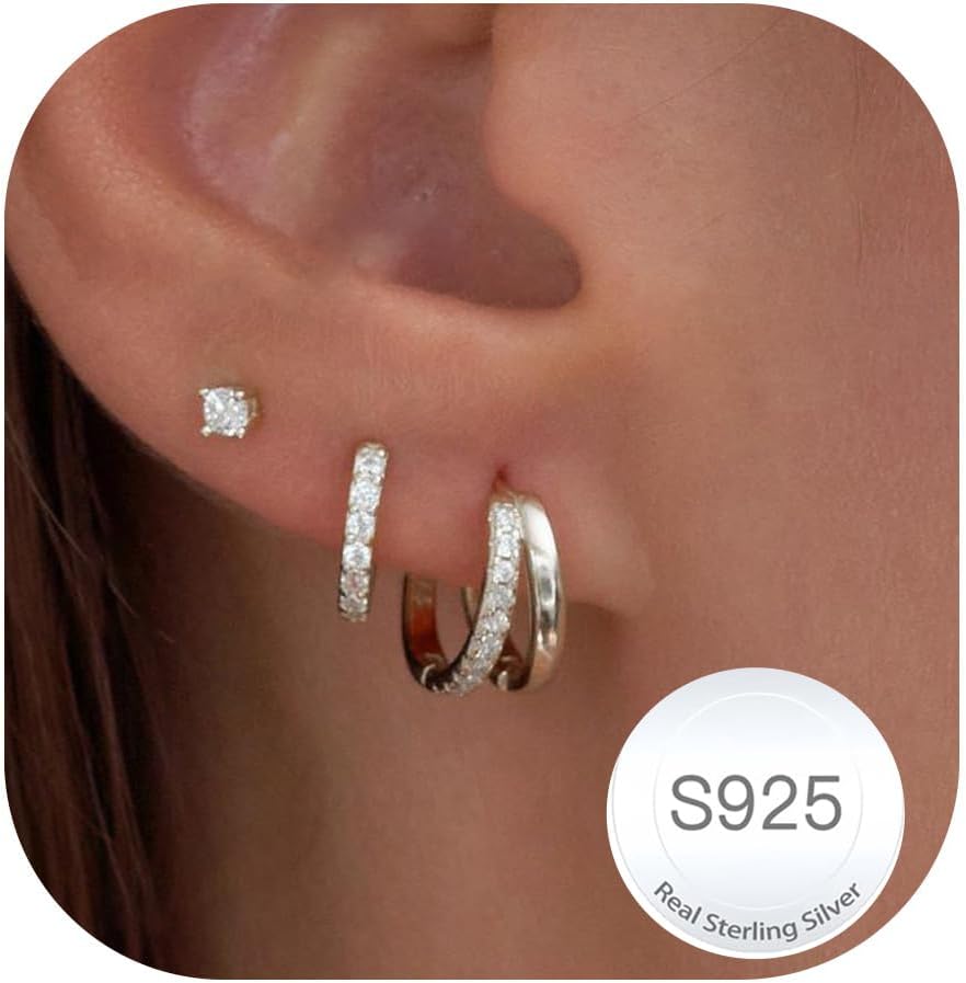 3 Paare Creolen Silber Set 14K Vergoldete Ohrringe für Damen
