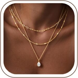 Turandoss Women's Three-Row Chain, 14K Gold-Plated Copper Chain, Multi-Row Layer Necklace, Waterproof, Skin-Friendly, Jewellery Gift