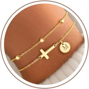 Turandoss Women's Gold Bracelet with Cross - Layered 14K Gold Plated Cross Bracelet with Letters A-Z Link Bracelets Personalised Gifts for Women Girls Girlfriend Jewellery