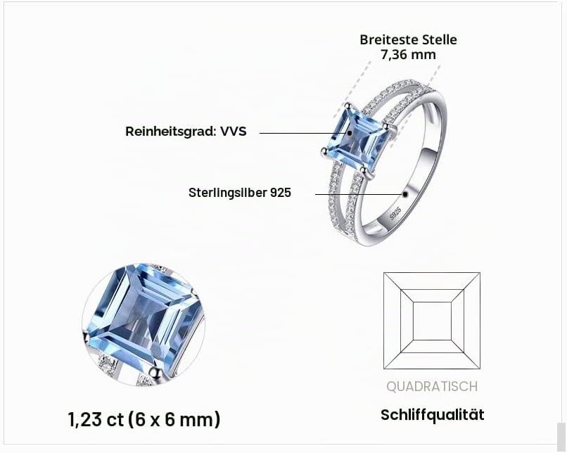 JewelryPalace Princess Cut 1.2ct Real Blue Topaz Ring Women's Ring with Stone Blue Topaz Yellow Gold Jewellery Set, Engagement Ring Silver Rings 925 Rose Gold Women, Wedding Anniversary Jewellery – Bild 2