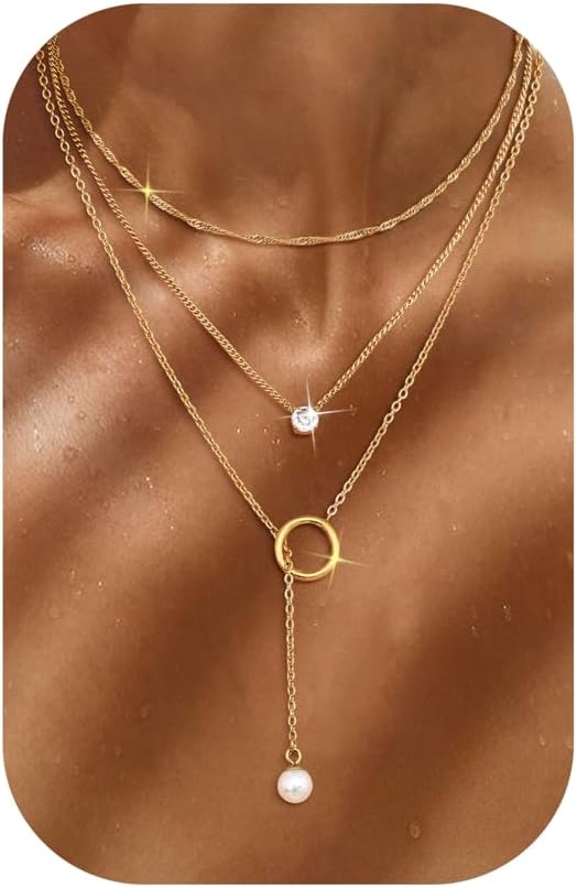 Chriscoco 2-3 Pieces Women's Gold Chain Gold Waterproof 18 K Gold-Plated Chains Set Stainless Steel Chain Gold Chain with Pendant Pearl Necklace CZ Gold Chain Women
