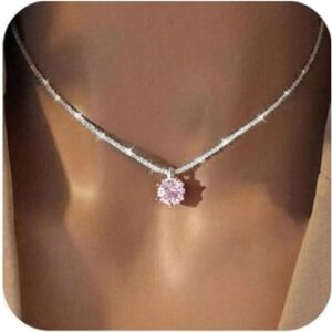 Women’s 925 Silver Necklace, Silver Necklace with Small Pink/White/Green Crystal Pendant, Personalised Waterproof Fashion Jewellery, Necklaces, Gifts for Women, Girlfriend