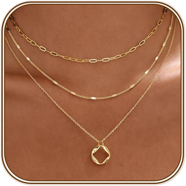 Turandoss Women's Gold Chain, 14 K Gold-Plated Layering Necklace, Women's Chain with Coin Beads Pendant, Snake Chain, Figaro Stackable Necklace Set, Birthday Gift for Girls, Women, Pack of 3