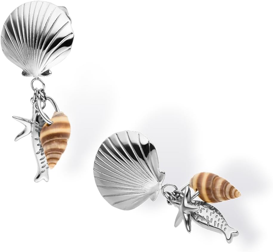 Purelei Ocean Crush Earrings for Women, Stainless Steel Earrings with Maritime Pendants, Starfish, Real Shell and Fish, Statement Earrings for Summer, Holidays and Special Occasions